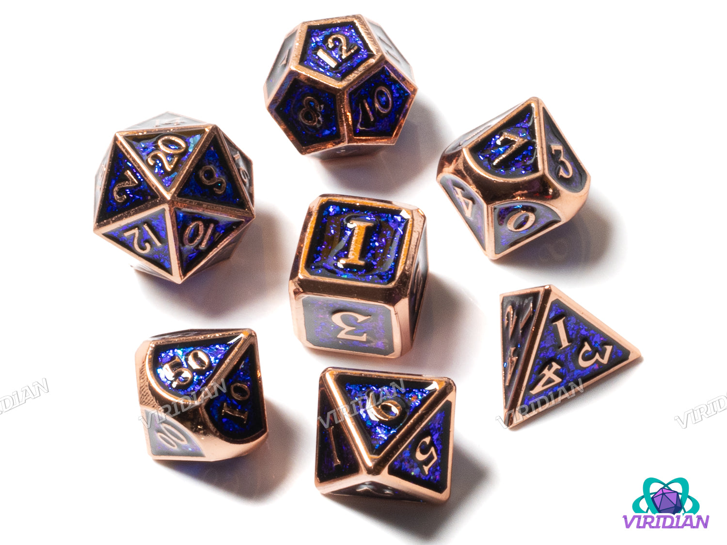 Copper Sparkle | Purple & Blue Iridescent Sequined Metal Dice Set (7) | Dungeons and Dragons (DnD)