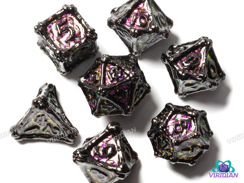 Gothic Drake (Color-Shift) | Purple -> Magenta -> Yellow-Green Mica Glitter, Dark Silver, Bone & Dragon Scale Design | Metal Dice Set (7)