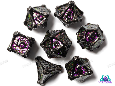 Gothic Drake (Color-Shift) | Purple -> Magenta -> Yellow-Green Mica Glitter, Dark Silver, Bone & Dragon Scale Design | Metal Dice Set (7)