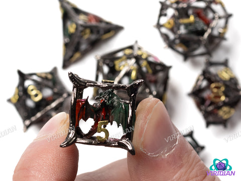 Caged Dragon (Green & Red) | Hollow Metal Dice Set (7)