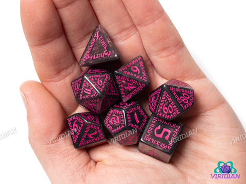 Runic Shimmering Black & Magenta | Acrylic Polyhedral Dice Set (7)