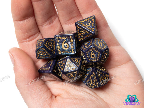 Runic Mixed-Blue & Gold | Acrylic Polyhedral Dice Set (7)