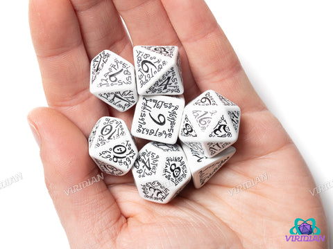 Elvish White & black Dice Set (7) | Acrylic Polyhedral Dice (7)