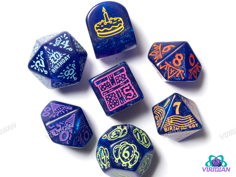 Happy Birthday Dice Set: Streamers | Acrylic Polyhedral Dice (7)