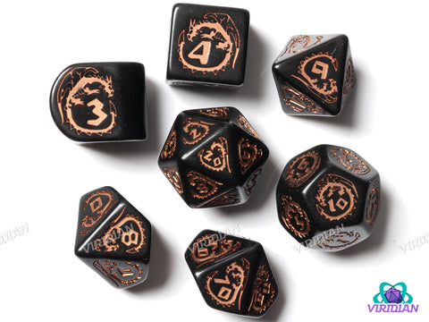 Dragons: Obsidian | Black & Copper, Modern D4 | Q Workshop | Acrylic Dice Set (7)