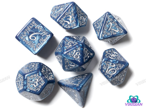 Elvish Dice Set (Cobalt & Silver) | Acrylic Polyhedral Dice (7)