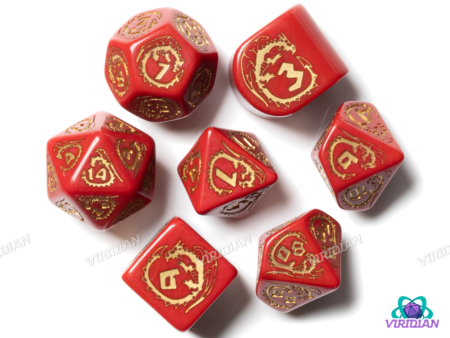 Dragons Modern Dice Set (Red & Gold) | Acrylic Polyhedral Dice (7)