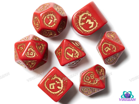 Dragons Modern Dice Set (Red & Gold) | Acrylic Polyhedral Dice (7)