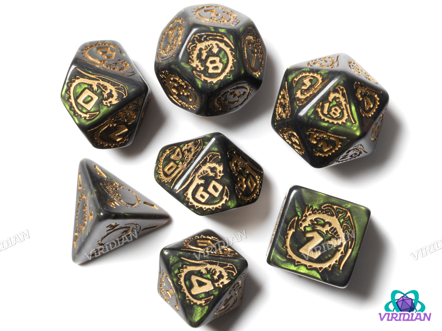 Dragons Dice Set: Nephrite | Green & Gold Dice Set (7) | Q Workshop