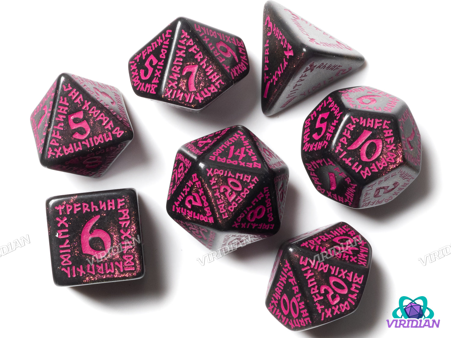 Runic Shimmering Black & Magenta | Acrylic Polyhedral Dice Set (7)