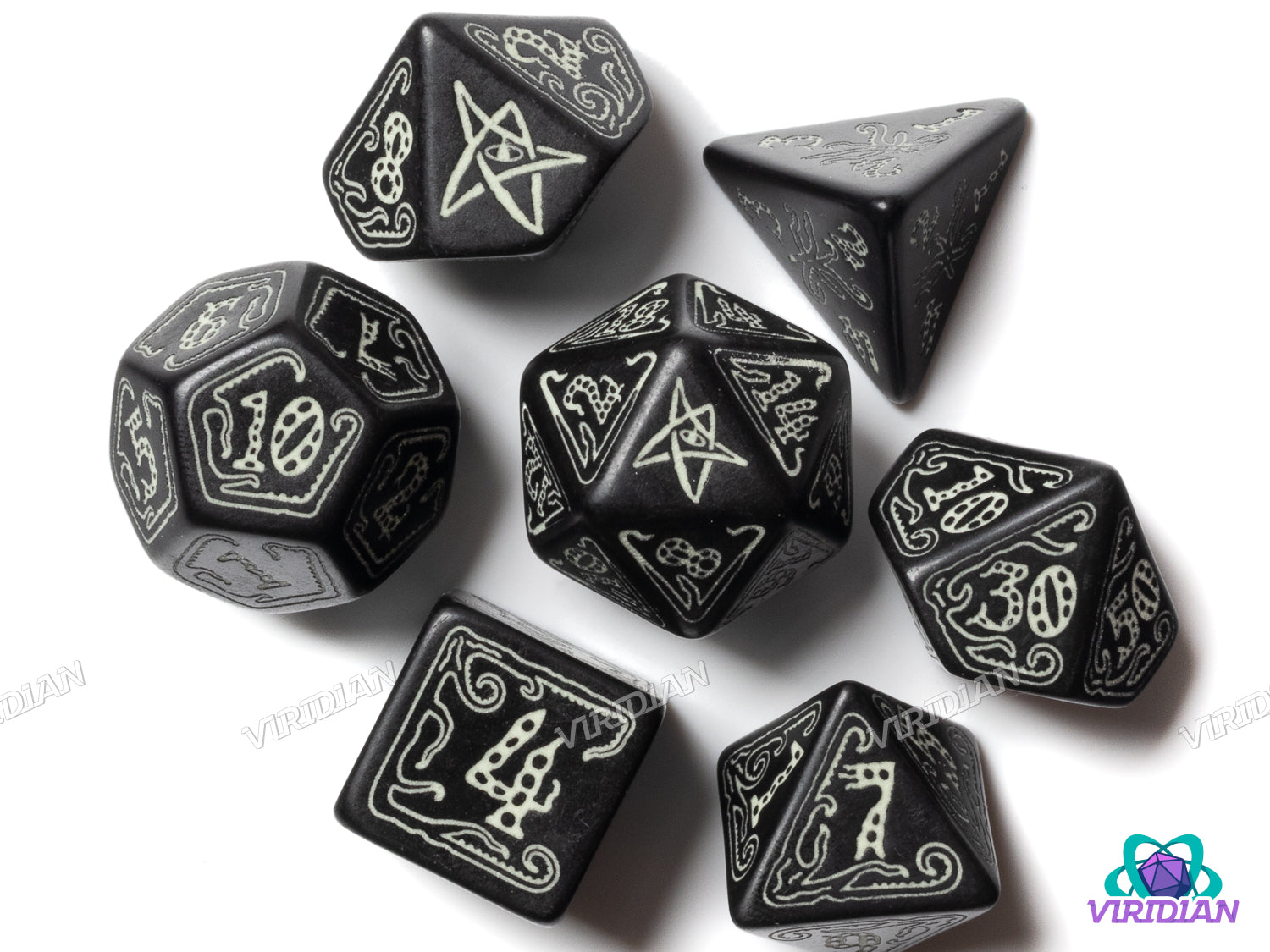 Call of Cthulhu: Black & Glow-In-The-Dark Dice Set (7) | Acrylic Polyhedral Dice (7)