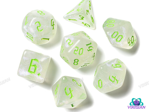 Silver Citrus | Glittery Grey-White & Lime Green | Acrylic Dice Set (7)