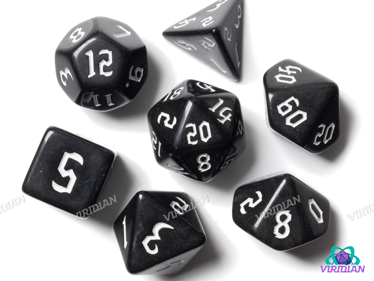 Gothic Black (White Ink) | Acrylic Polyhedral Dice (7)