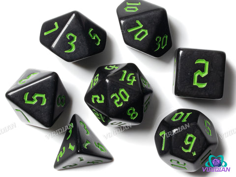 Gothic Black (Green Ink) | Acrylic Polyhedral Dice (7)