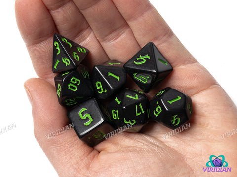 Gothic Black (Green Ink) | Acrylic Polyhedral Dice (7)
