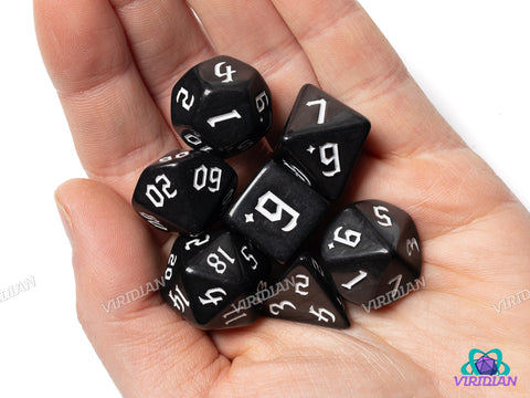 Gothic Black (White Ink) | Acrylic Polyhedral Dice (7)