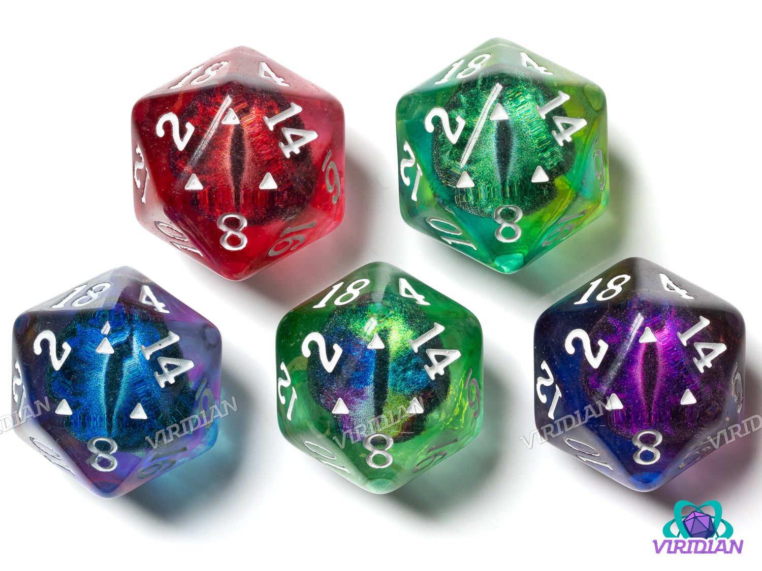 Tiamat's Gaze D20s (Set of 5) | Multicolor Dragon Eye Dice, Translucent D20s, Red Purple Blue Green Teal | Resin D20 Dice Set (5)