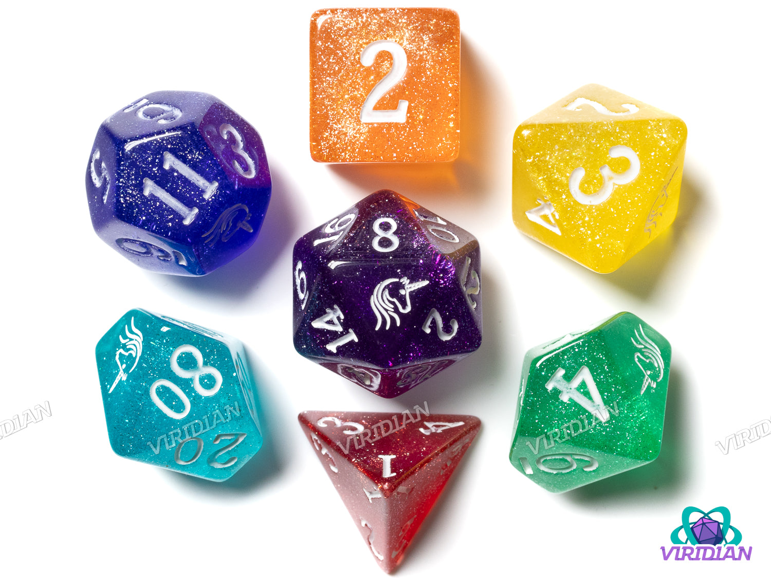 Rainbow Unicorn Assault V2 | Glitter Acrylic Dice Set (7) | Dungeons and Dragons (DnD)