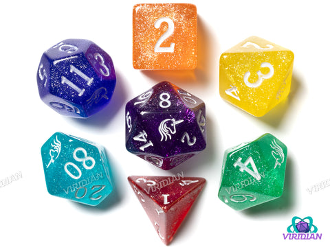 Rainbow Unicorn Assault V2 | Glitter Acrylic Dice Set (7) | Dungeons and Dragons (DnD)