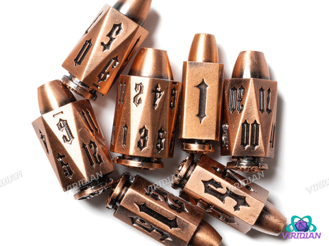 Gothic Nuclear Rounds (Gold) | Metal Polyhedral Dice (7)