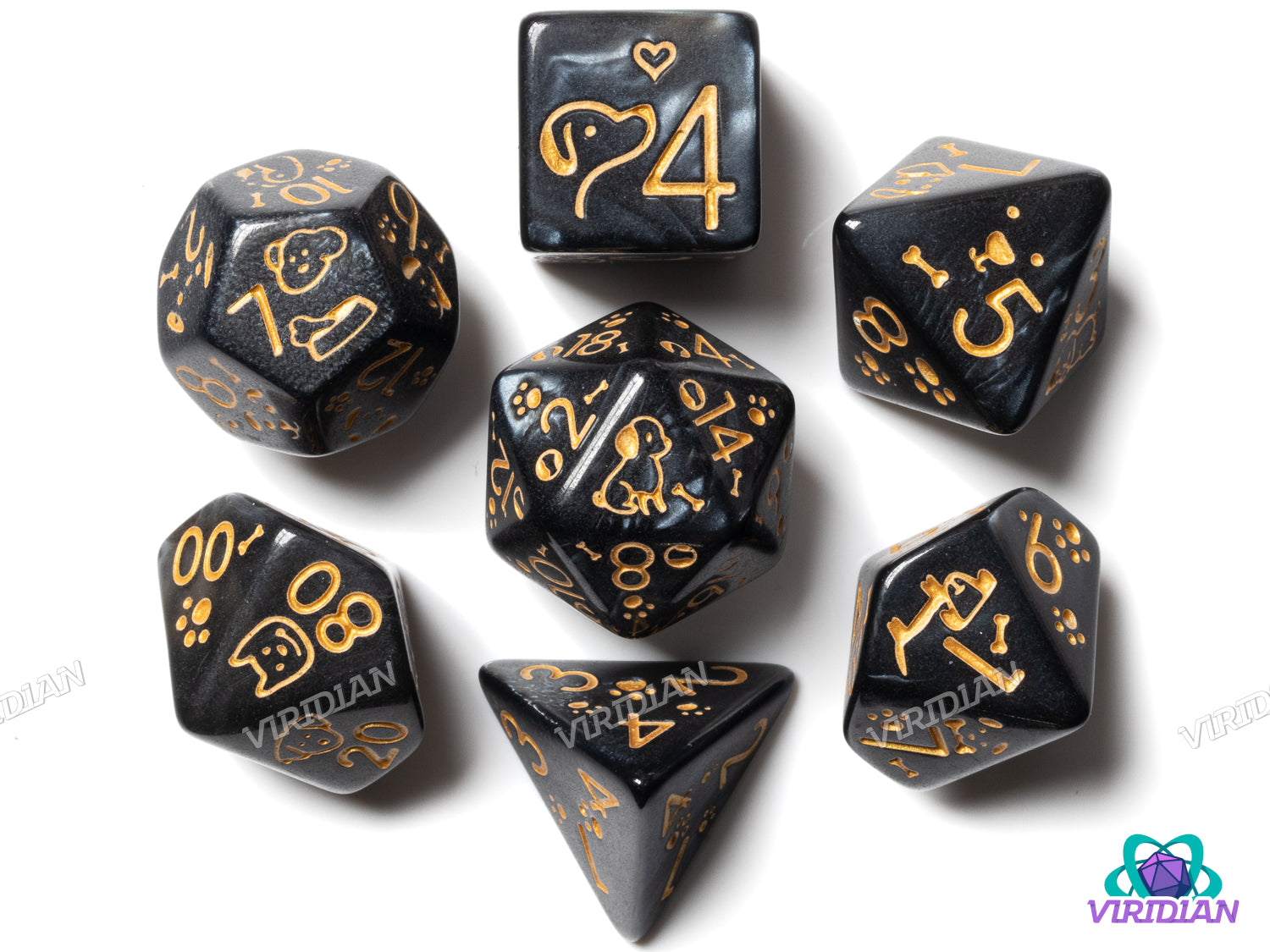 Cute Dogs: Black & Gold | Acrylic Polyhedral Dice (7)