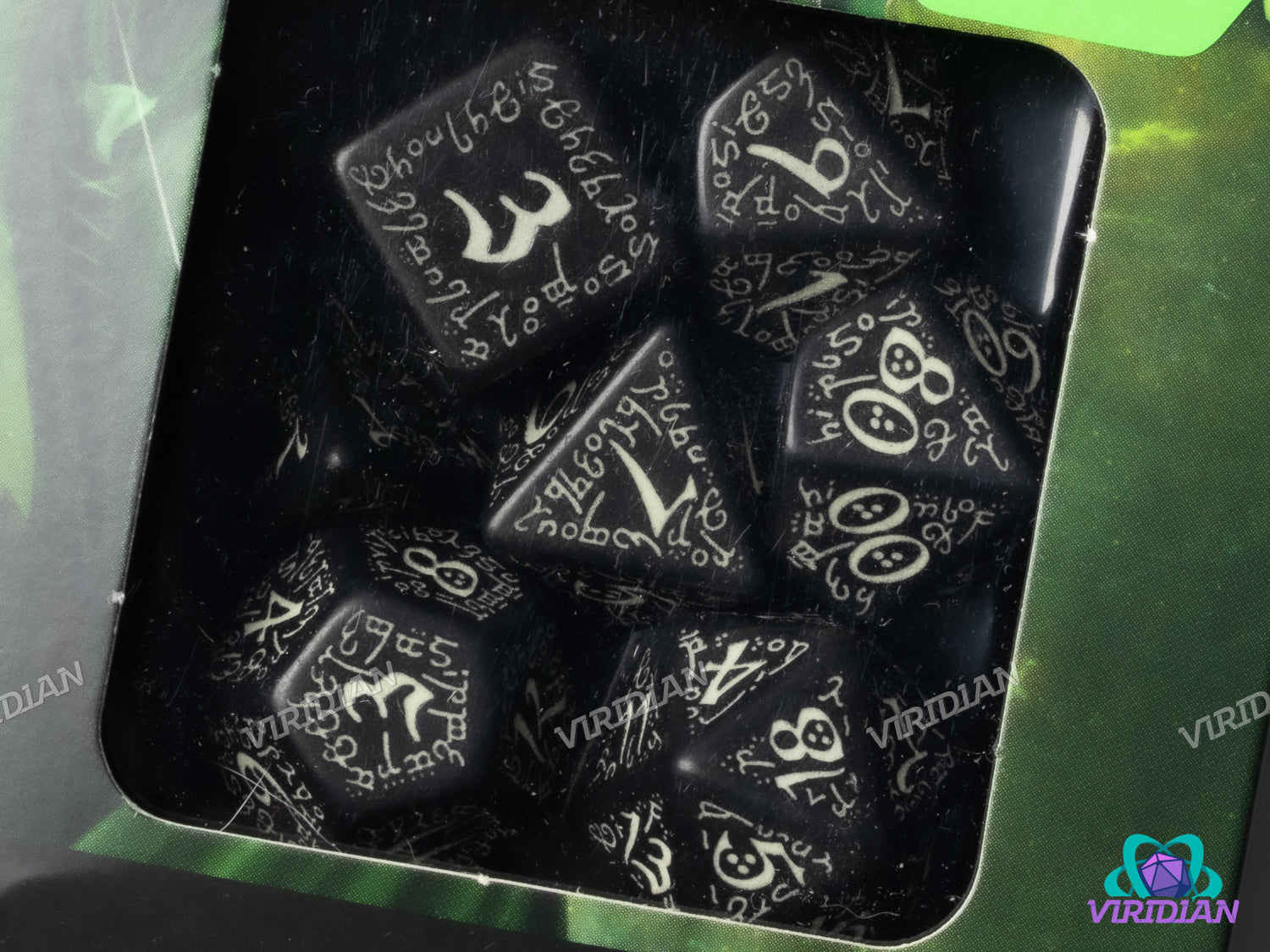 Elvish (Black & Glow In The Dark Green) | Dice Set (7) | Q Workshop