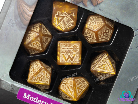 Dwarven: Gold | Shimmering Gold and Beige, Dwarven Hammer Themed | Acrylic Dice Set (7)
