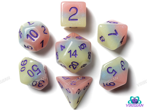 Iced Primaries V2 (Shiny, Purple Ink) | Pastel Blue, Pink and Yellow-Green Layers, Purple Ink | Resin Dice Set (7)