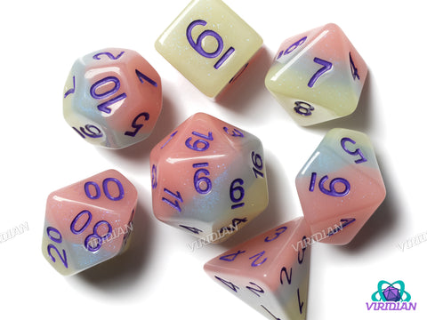 Iced Primaries V2 (Shiny, Purple Ink) | Pastel Blue, Pink and Yellow-Green Layers, Purple Ink | Resin Dice Set (7)