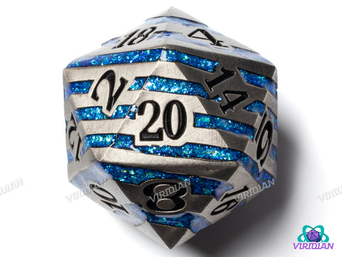 Aqua Stripes Chonk D20 | Brushed Silver, Bright Blue Mica Stripes | 33mm Oversized Metal D20 (1)