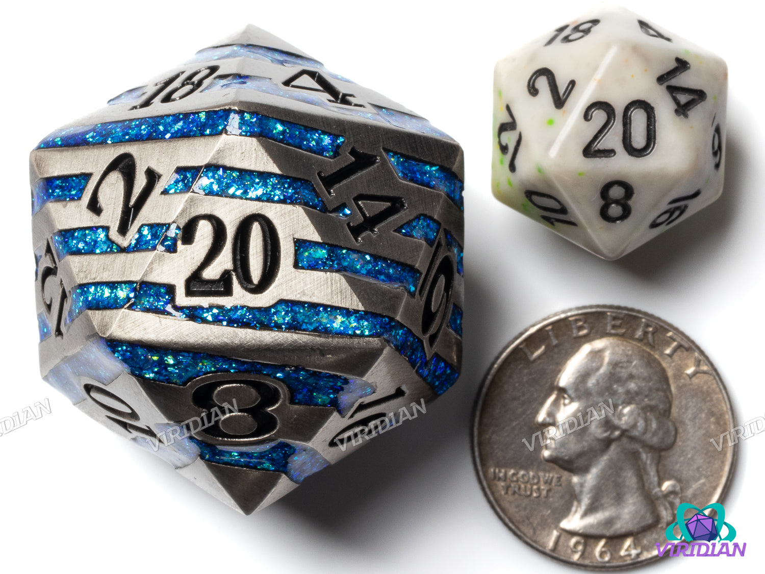 Aqua Stripes Chonk D20 | Brushed Silver, Bright Blue Mica Stripes | 33mm Oversized Metal D20 (1)