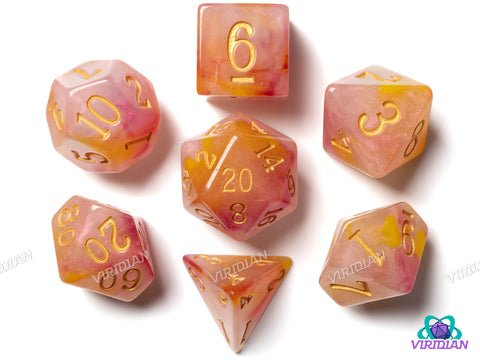 Gilded Roses V2 | Pink Orange Gold Acrylic Dice Set (7) | Dungeons and Dragons (DnD)