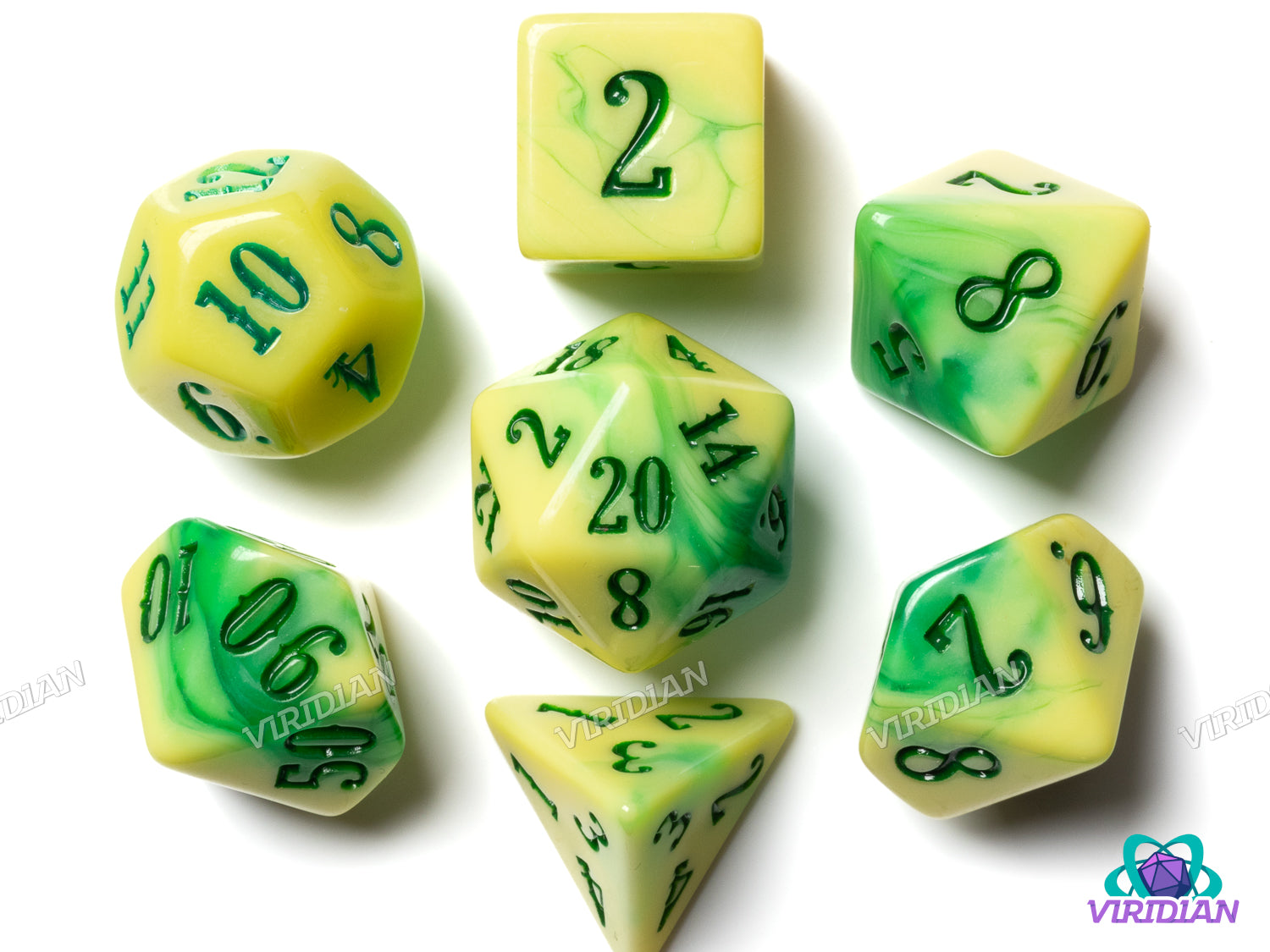 Western: Sheriff Banana | Yellow & Green Blended Swirls, Western/Retro Font | Acrylic Dice Set (7)