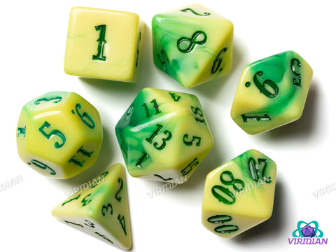 Western: Sheriff Banana | Yellow & Green Blended Swirls, Western/Retro Font | Acrylic Dice Set (7)