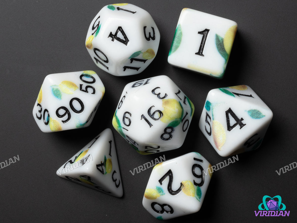 Just Lemons (Matte Print) | Acrylic Polyhedral Dice (7) – Viridian Dice