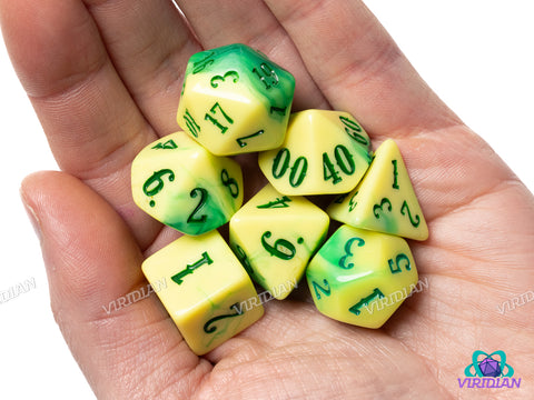 Western: Sheriff Banana | Yellow & Green Blended Swirls, Western/Retro Font | Acrylic Dice Set (7)