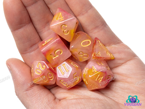 Gilded Roses V2 | Pink Orange Gold Acrylic Dice Set (7) | Dungeons and Dragons (DnD)