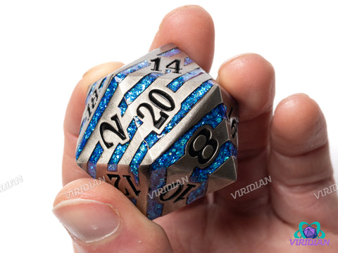 Aqua Stripes Chonk D20 | Brushed Silver, Bright Blue Mica Stripes | 33mm Oversized Metal D20 (1)