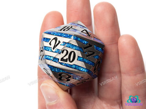 Aqua Stripes Chonk D20 | Brushed Silver, Bright Blue Mica Stripes | 33mm Oversized Metal D20 (1)