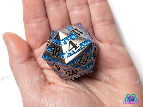 Aqua Stripes Chonk D20 | Brushed Silver, Bright Blue Mica Stripes | 33mm Oversized Metal D20 (1)