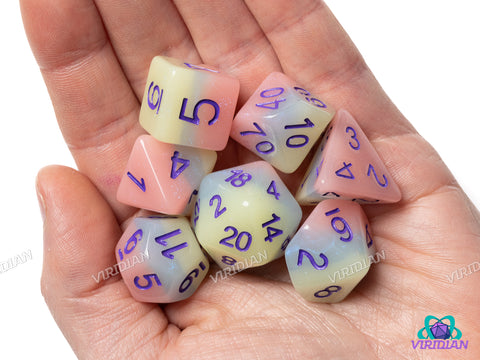 Iced Primaries V2 (Shiny, Purple Ink) | Pastel Blue, Pink and Yellow-Green Layers, Purple Ink | Resin Dice Set (7)