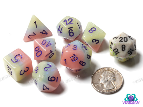 Iced Primaries V2 (Shiny, Purple Ink) | Pastel Blue, Pink and Yellow-Green Layers, Purple Ink | Resin Dice Set (7)