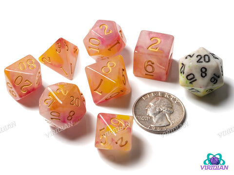 Gilded Roses V2 | Pink Orange Gold Acrylic Dice Set (7) | Dungeons and Dragons (DnD)