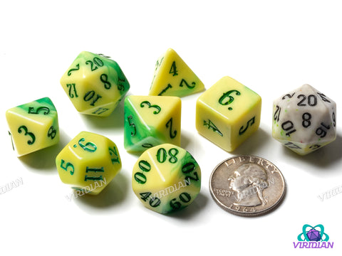 Western: Sheriff Banana | Yellow & Green Blended Swirls, Western/Retro Font | Acrylic Dice Set (7)