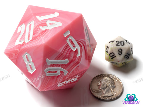 Pink & White Behemoth (D20) | Swirled, 55mm, Sharp-Edge Giant Acrylic D20 Die (1)