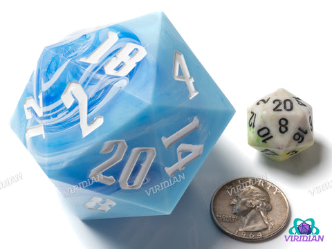 Sky Blue & White Behemoth (D20) | Swirled, 55mm, Sharp-Edge Giant Acrylic D20 Die (1)