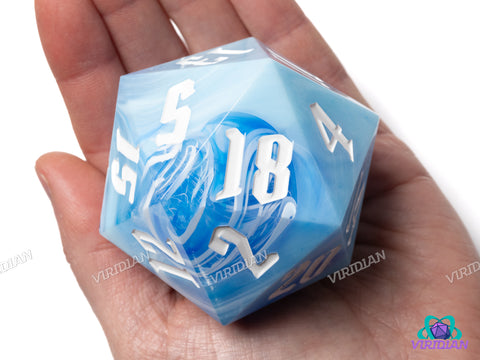 Sky Blue & White Behemoth (D20) | Swirled, 55mm, Sharp-Edge Giant Acrylic D20 Die (1)