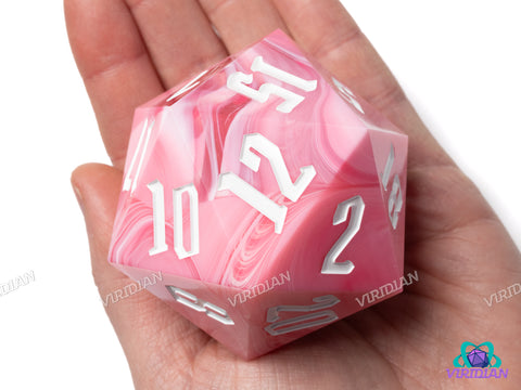 Pink & White Behemoth (D20) | Swirled, 55mm, Sharp-Edge Giant Acrylic D20 Die (1)