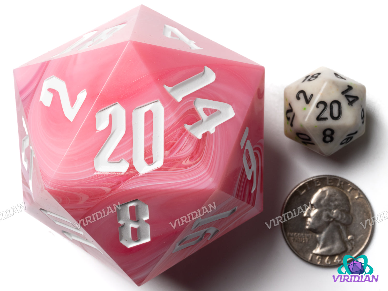 Pink & White Behemoth (D20) | Swirled, 55mm, Sharp-Edge Giant Acrylic D20 Die (1)