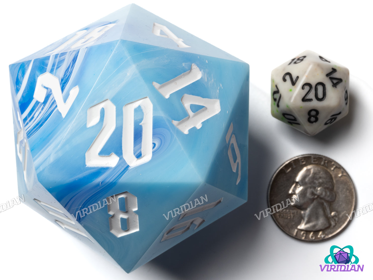 Sky Blue & White Behemoth (D20) | Swirled, 55mm, Sharp-Edge Giant Acrylic D20 Die (1)